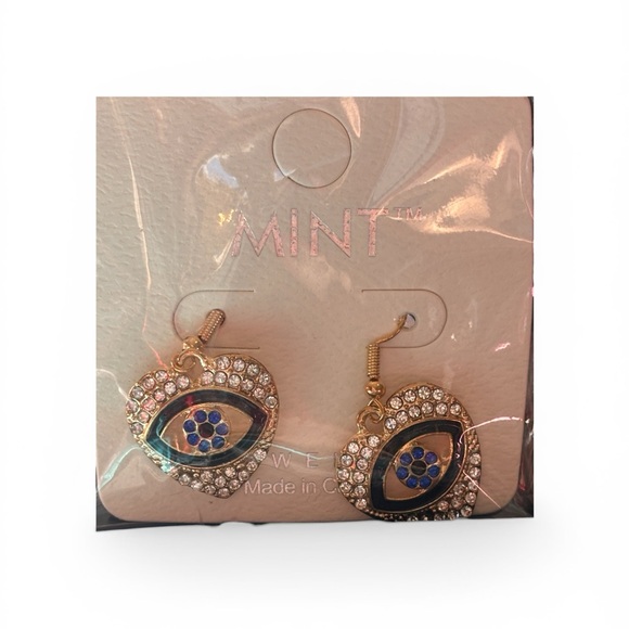 Mint Gold Rhinestone Evil Eye Drop Earrings NWT - Picture 2 of 4